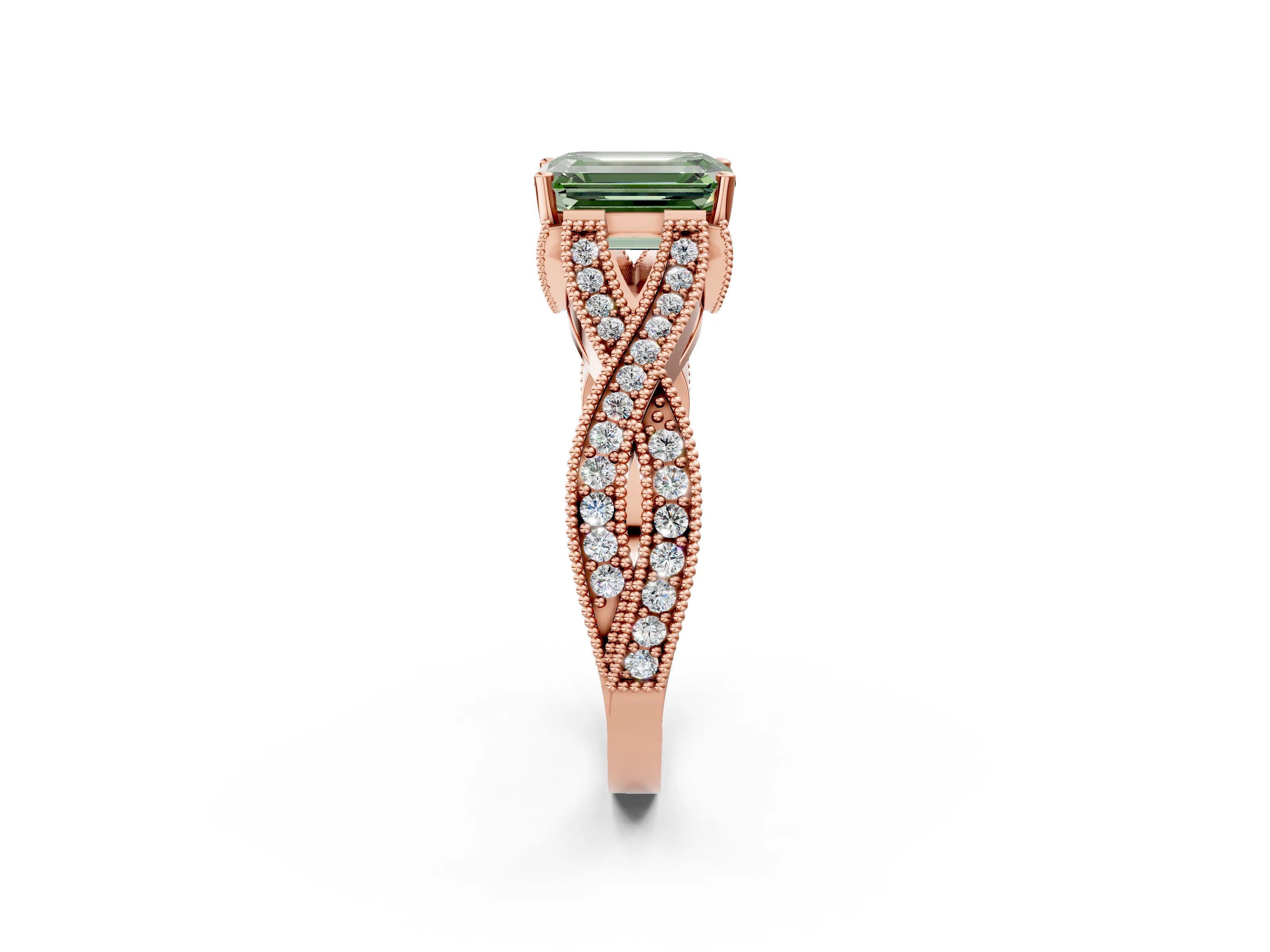 Rose gold Fancy Green Emerald Cut Cut Diamond Twisted Band with Milgrain Pave Setting and Four-Prong Setting_2