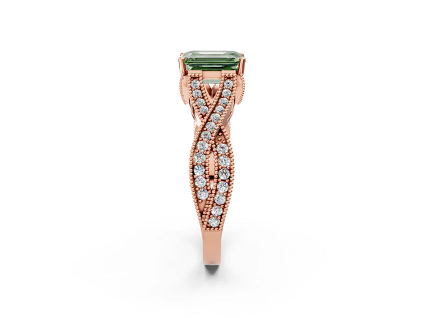 Rose gold Fancy Green Emerald Cut Cut Diamond Twisted Band with Milgrain Pave Setting and Four-Prong Setting
