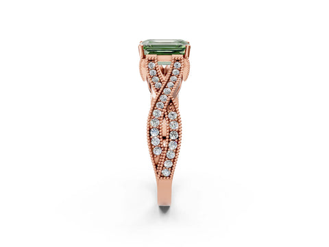 Rose gold Fancy Green Emerald Cut Cut Diamond Twisted Band with Milgrain Pave Setting and Four-Prong Setting_2