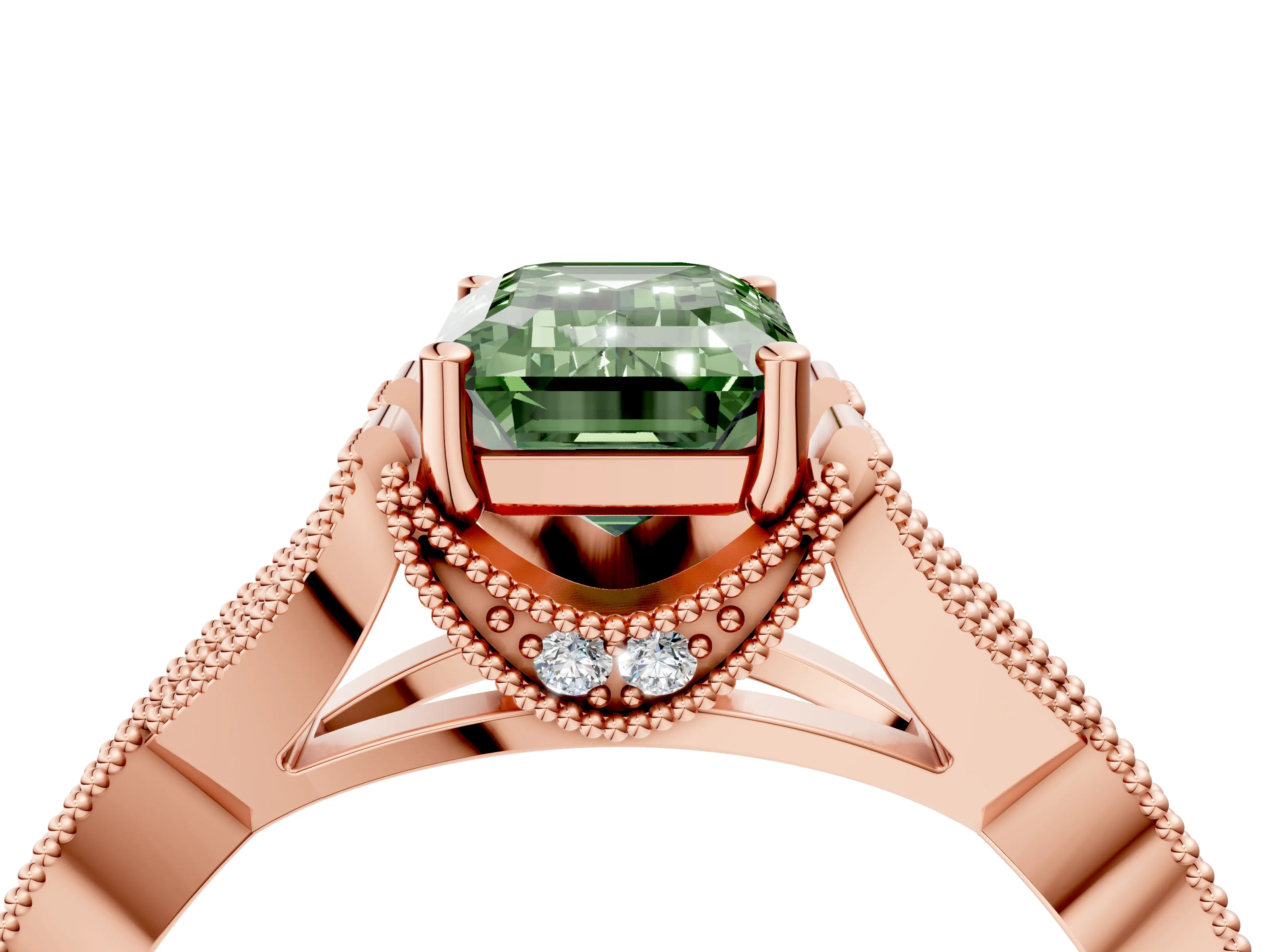 Rose gold Fancy Green Emerald Cut Cut Diamond Twisted Band with Milgrain Pave Setting and Four-Prong Setting_4