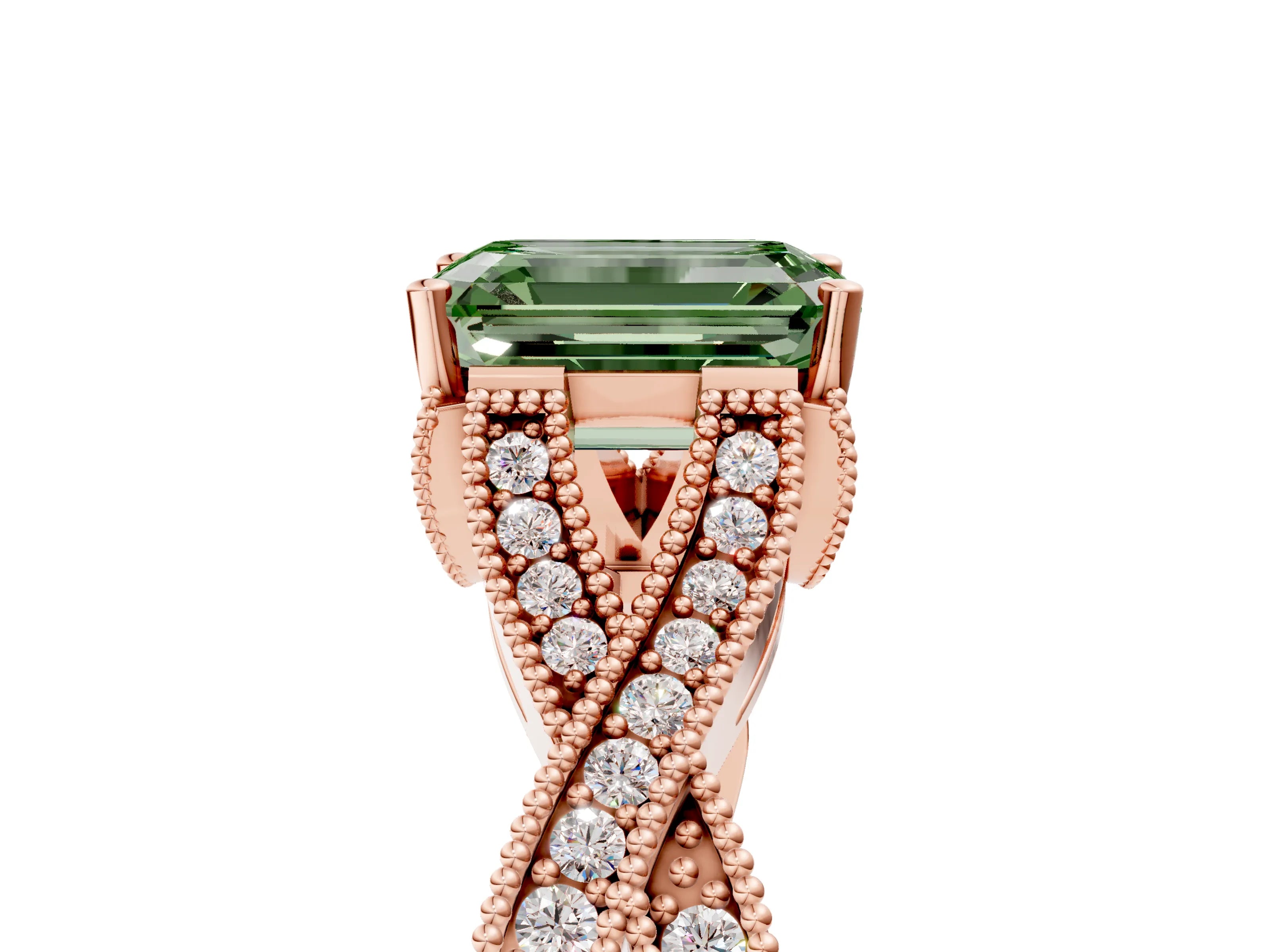 Rose gold Fancy Green Emerald Cut Cut Diamond Twisted Band with Milgrain Pave Setting and Four-Prong Setting_5