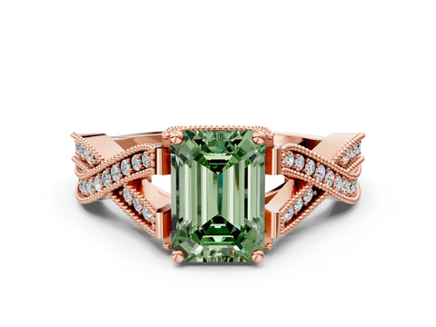 Rose gold Fancy Green Emerald Cut Cut Diamond Twisted Band with Milgrain Pave Setting and Four-Prong Setting