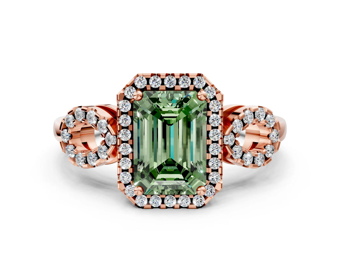 Rose gold Fancy Green Emerald Cut Cut Halo Diamond Infinity Band with Four-Prong Setting