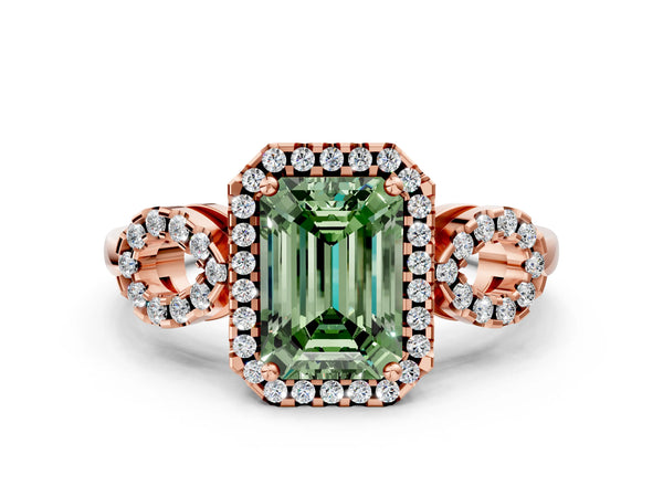 Rose Gold Emerald Cut Pave Infinity Halo Engagement Ring Setting for Fancy Green Center