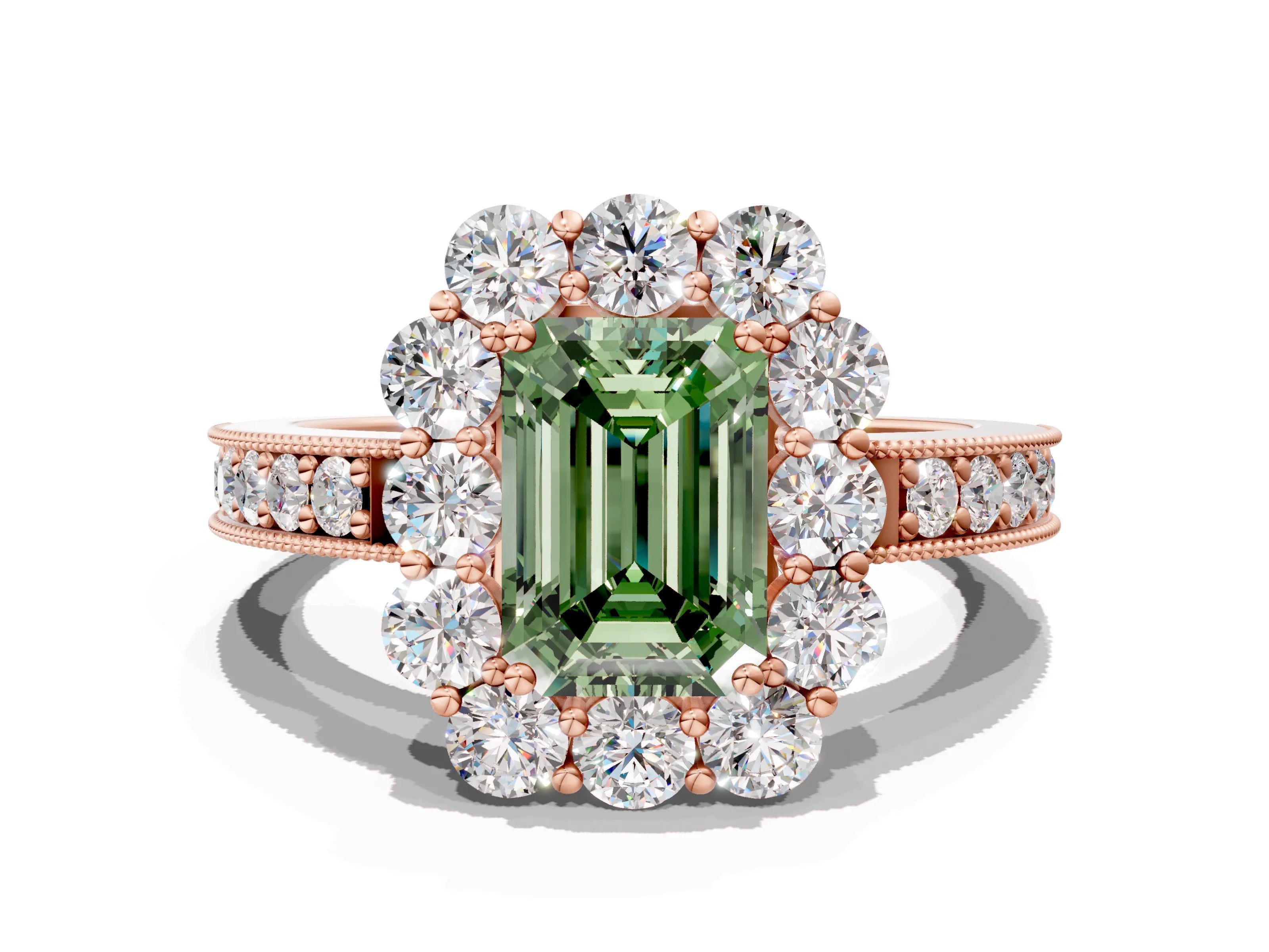 Rose gold Fancy Green Emerald Cut Cut Halo Diamond Pavé Engagement Ring with Milgrain Detailing