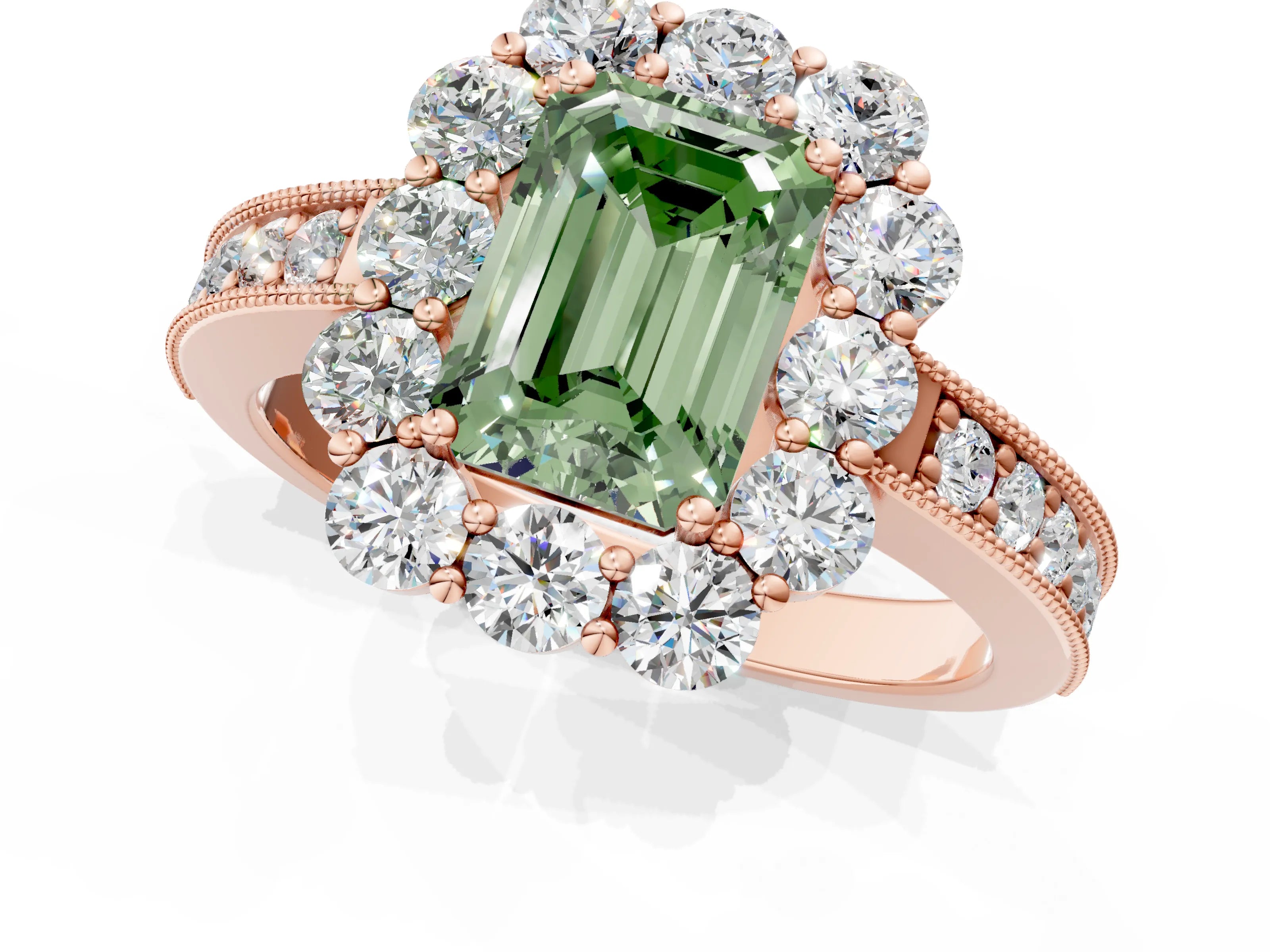 Rose gold Fancy Green Emerald Cut Cut Halo Diamond Pavé Engagement Ring with Milgrain Detailing_1