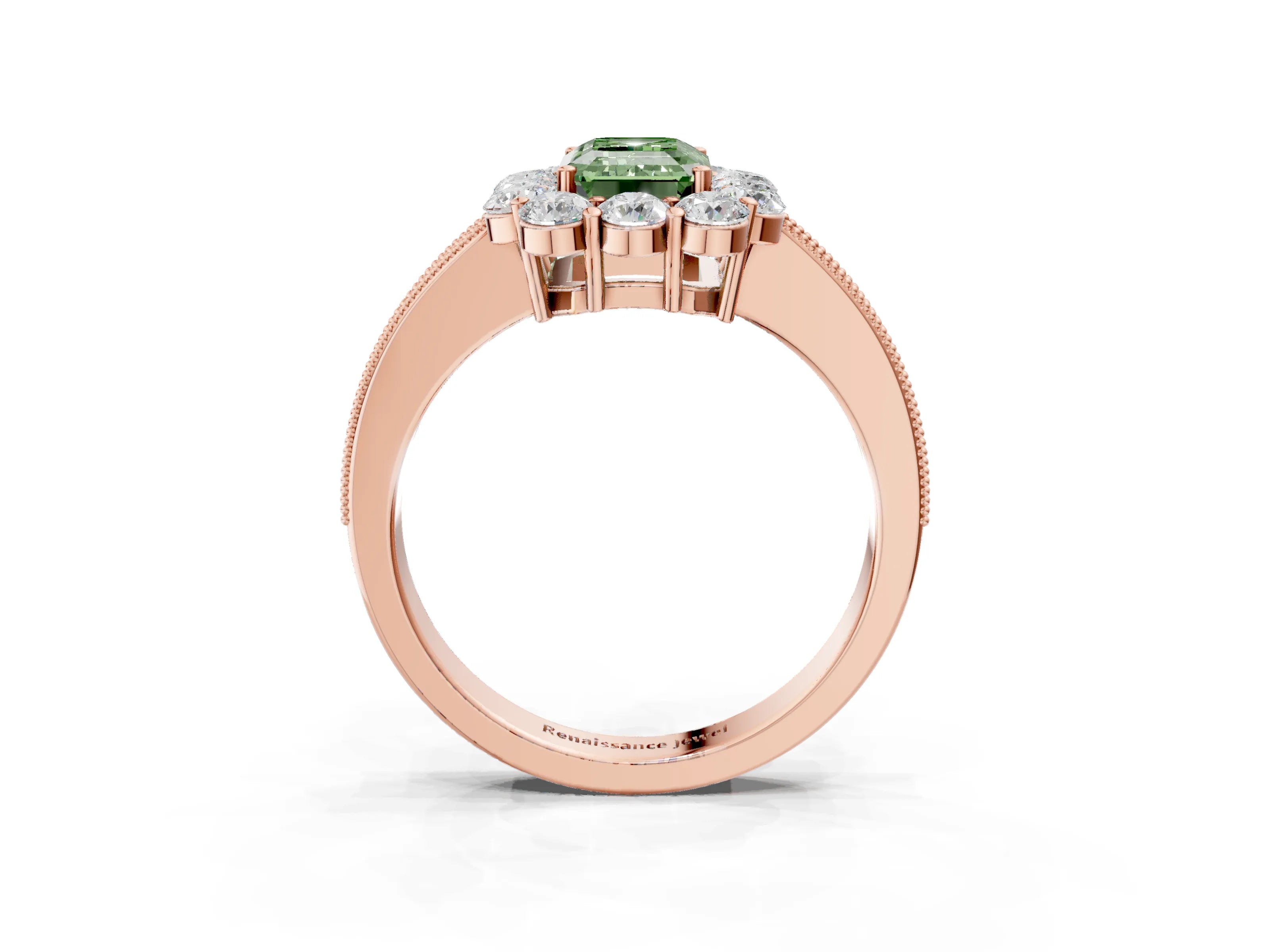 Rose gold Fancy Green Emerald Cut Cut Halo Diamond Pavé Engagement Ring with Milgrain Detailing_3