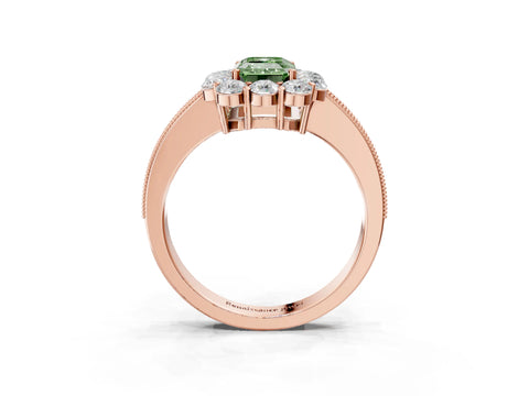 Rose gold Fancy Green Emerald Cut Cut Halo Diamond Pavé Engagement Ring with Milgrain Detailing_3