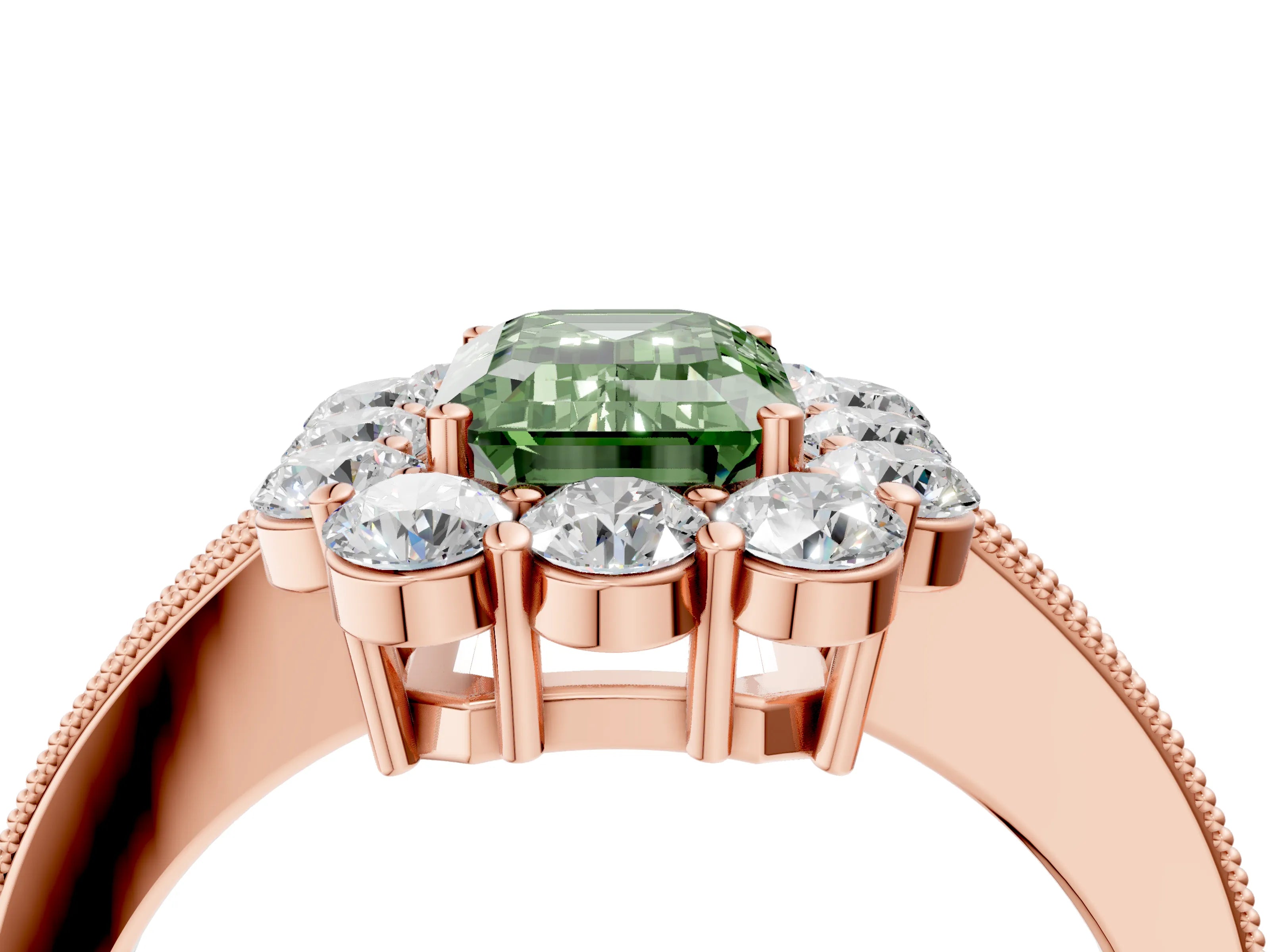 Rose gold Fancy Green Emerald Cut Cut Halo Diamond Pavé Engagement Ring with Milgrain Detailing_4