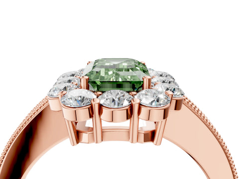 Rose gold Fancy Green Emerald Cut Cut Halo Diamond Pavé Engagement Ring with Milgrain Detailing_4