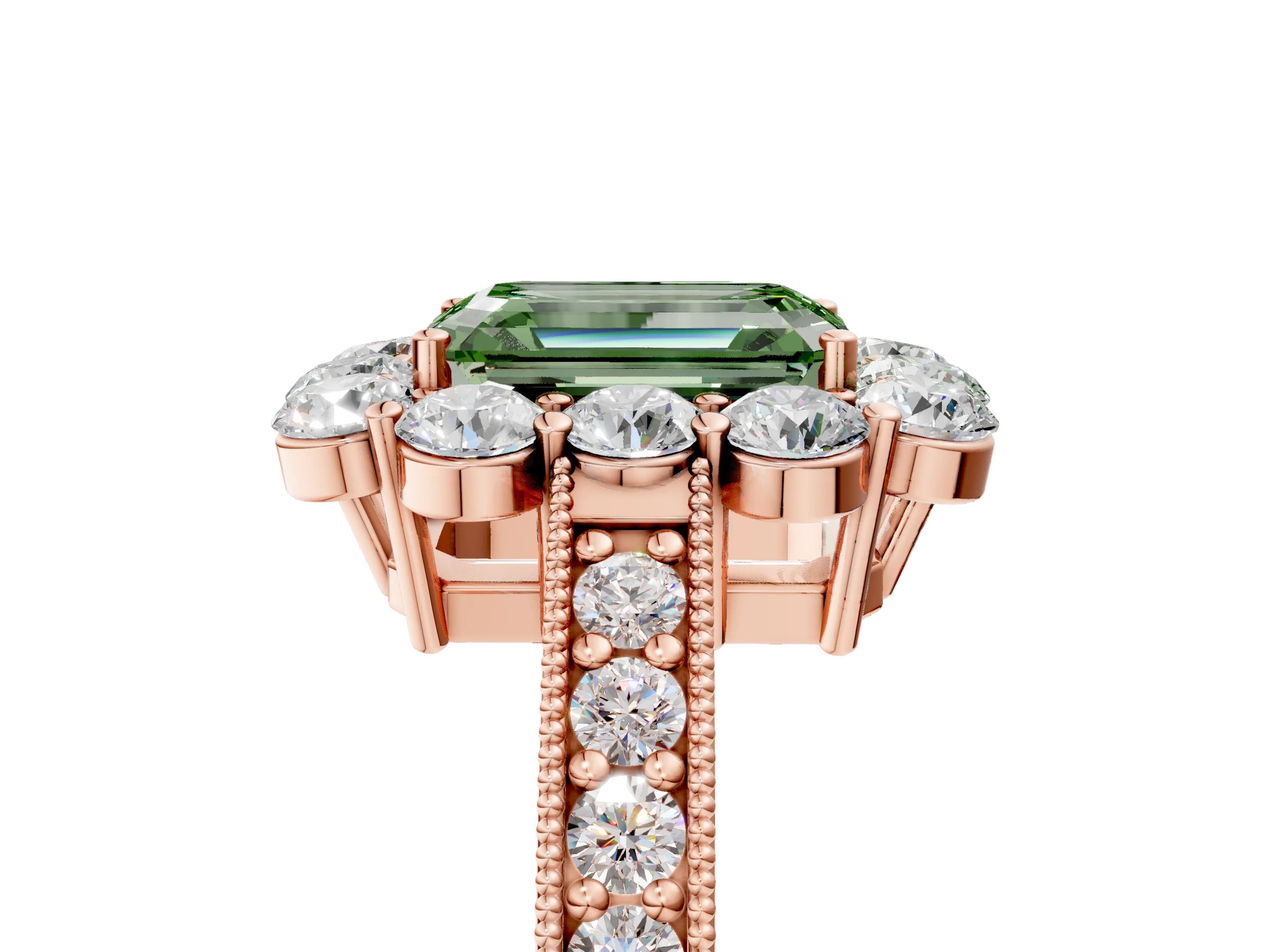 Rose gold Fancy Green Emerald Cut Cut Halo Diamond Pavé Engagement Ring with Milgrain Detailing_5