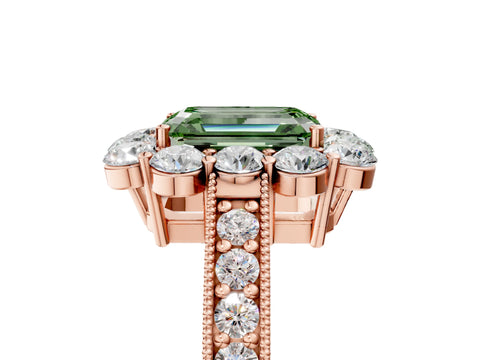 Rose gold Fancy Green Emerald Cut Cut Halo Diamond Pavé Engagement Ring with Milgrain Detailing_5