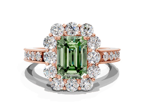 Rose gold Fancy Green Emerald Cut Cut Halo Diamond Pavé Engagement Ring with Milgrain Detailing