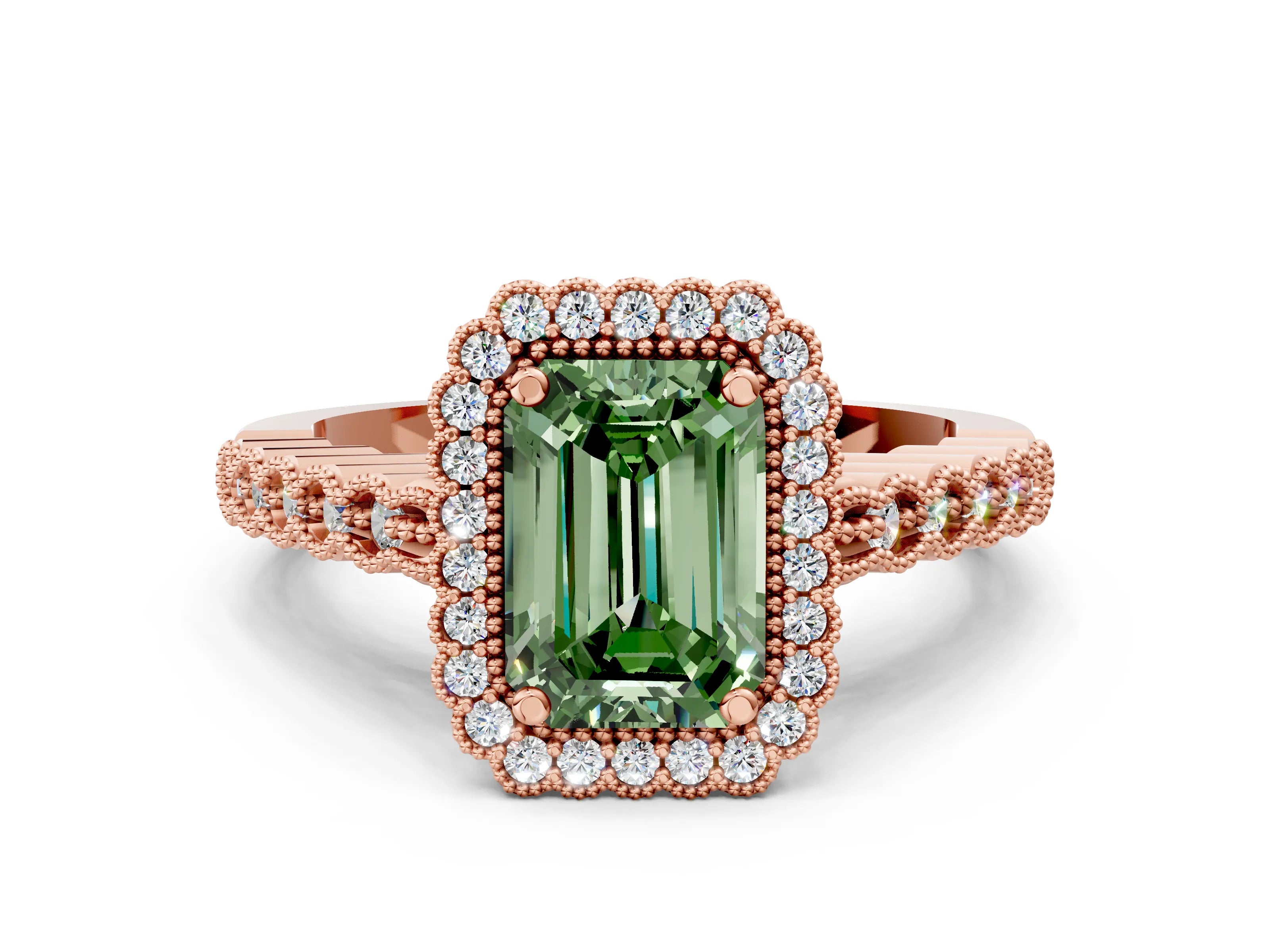 Rose gold Fancy Green Emerald Cut Cut Halo Pavé Solitaire Ring with Milgrain Band