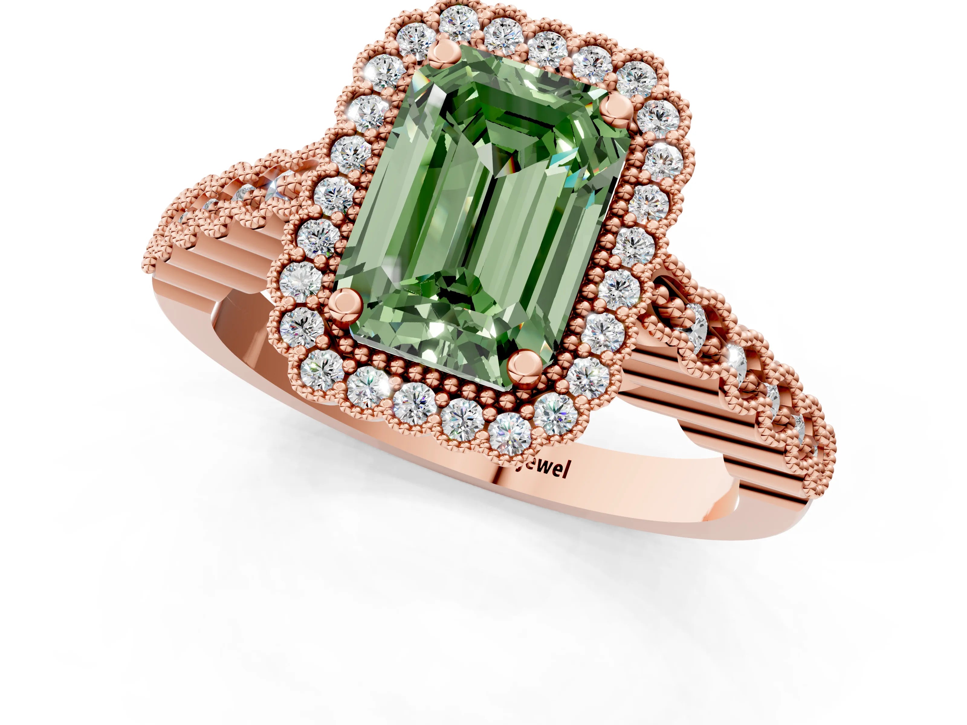 Rose gold Fancy Green Emerald Cut Cut Halo Pavé Solitaire Ring with Milgrain Band_1