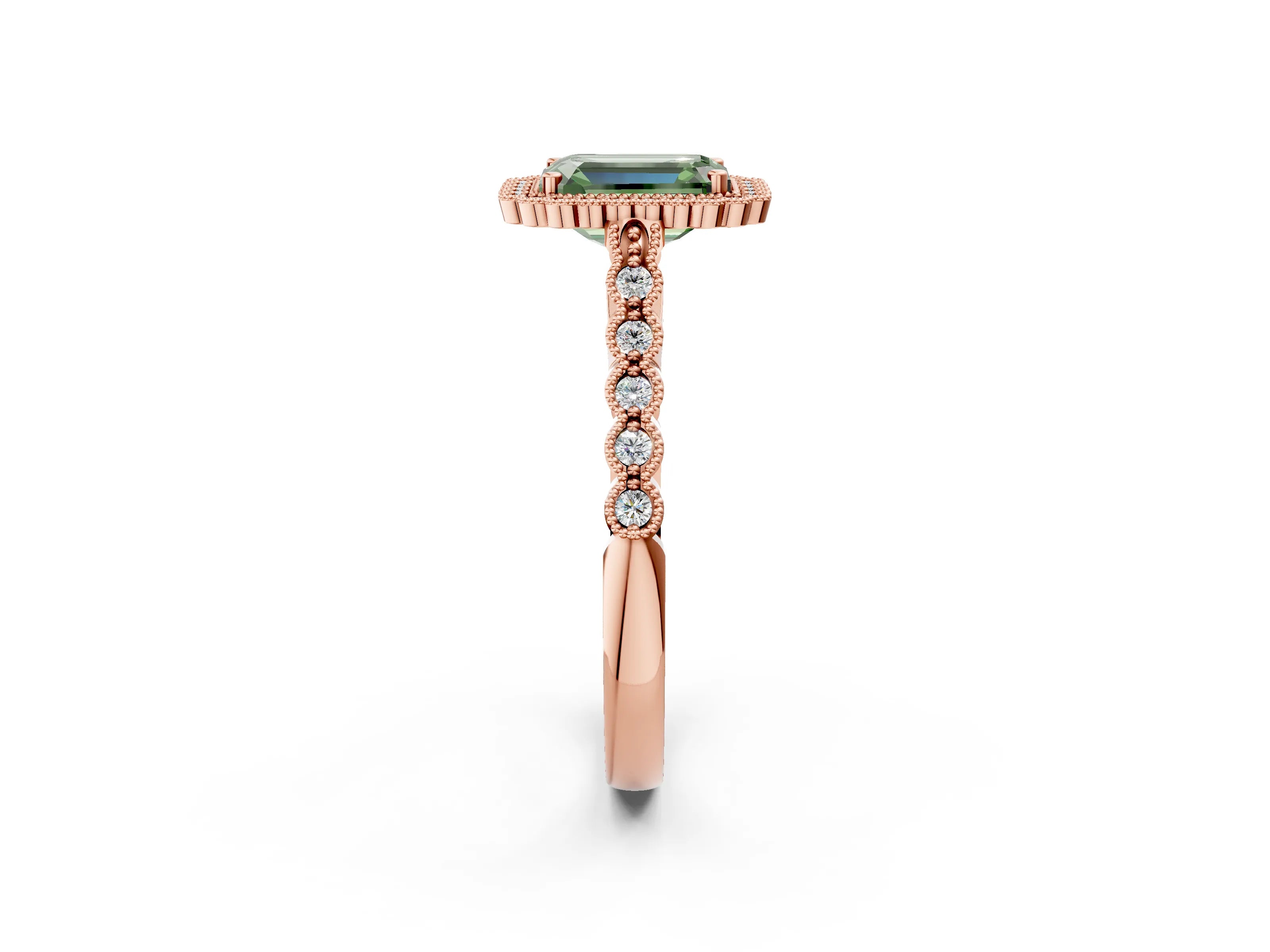 Rose gold Fancy Green Emerald Cut Cut Halo Pavé Solitaire Ring with Milgrain Band_2