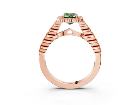 Rose gold Fancy Green Emerald Cut Cut Halo Pavé Solitaire Ring with Milgrain Band_3
