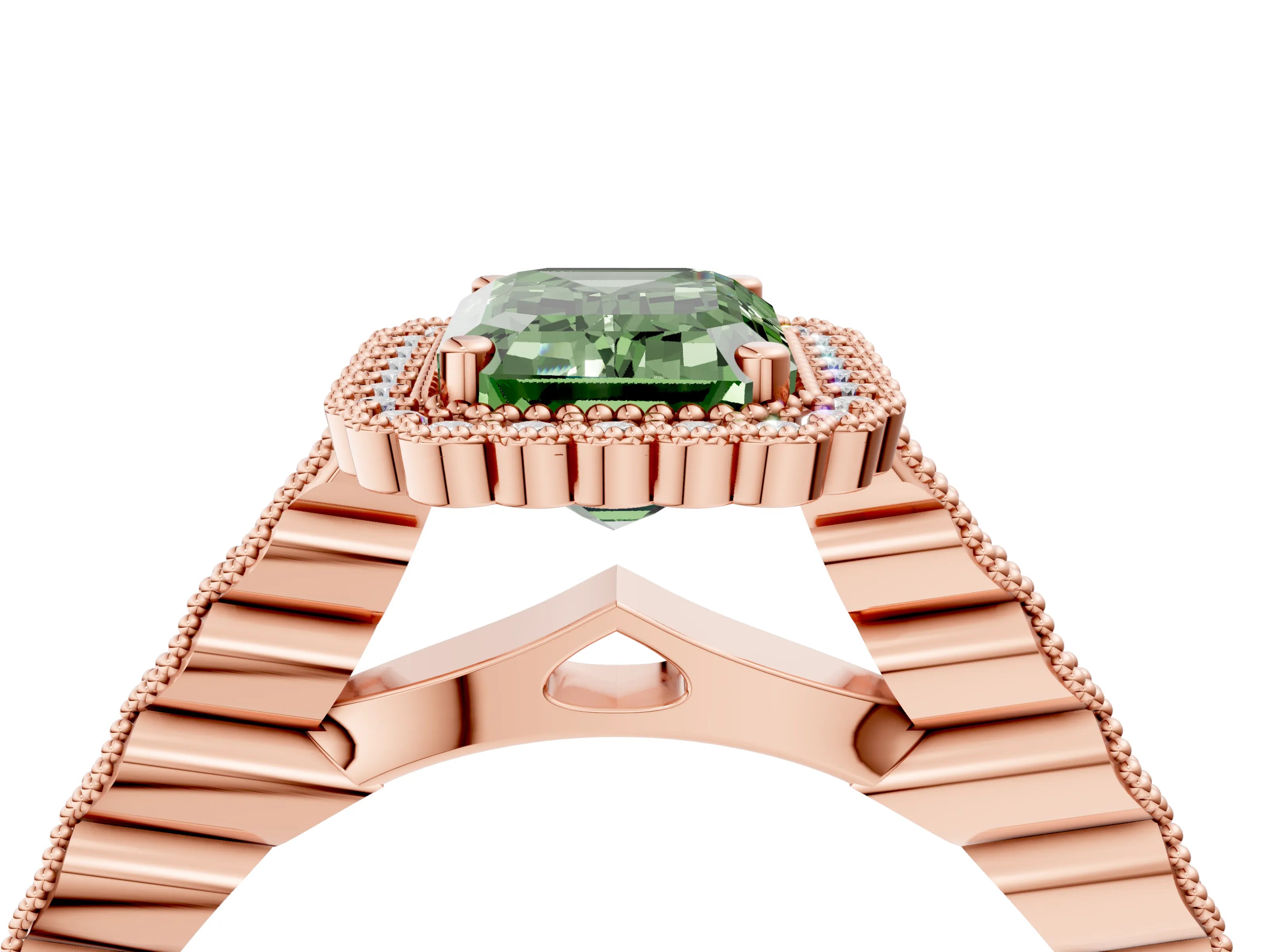 Rose gold Fancy Green Emerald Cut Cut Halo Pavé Solitaire Ring with Milgrain Band_4