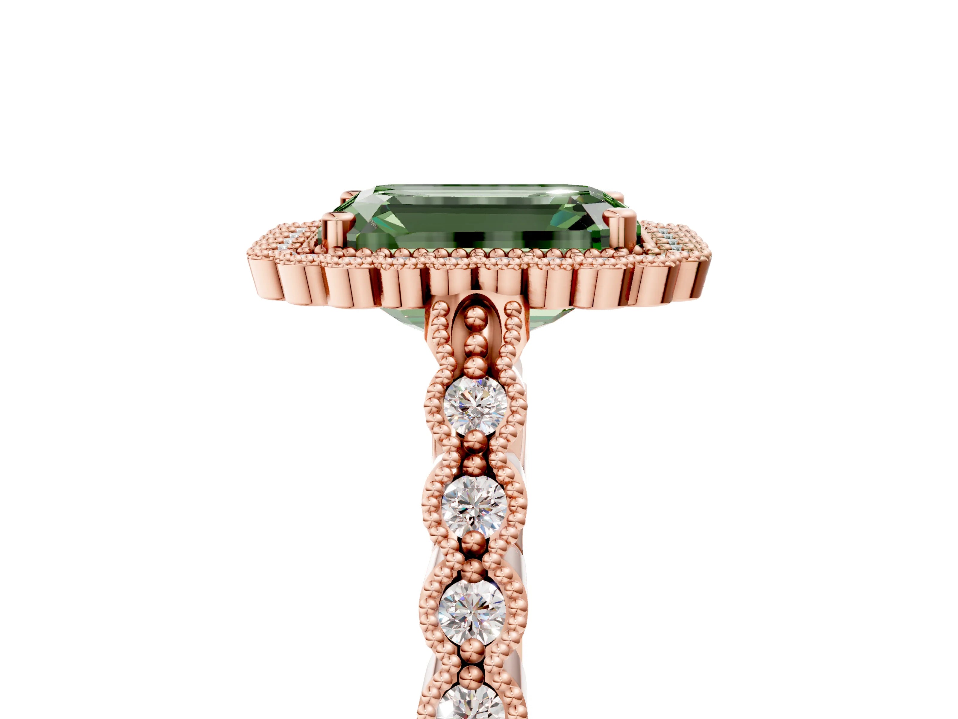 Rose gold Fancy Green Emerald Cut Cut Halo Pavé Solitaire Ring with Milgrain Band_5