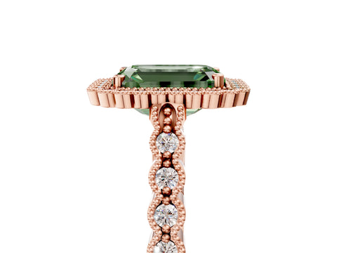 Rose gold Fancy Green Emerald Cut Cut Halo Pavé Solitaire Ring with Milgrain Band_5