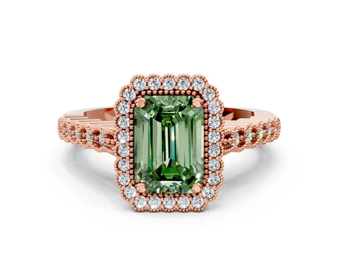 Rose gold Fancy Green Emerald Cut Cut Halo Pavé Solitaire Ring with Milgrain Band