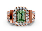 Rose gold Fancy Green Emerald Cut Cut Halo Split Shank Prong Set Ring