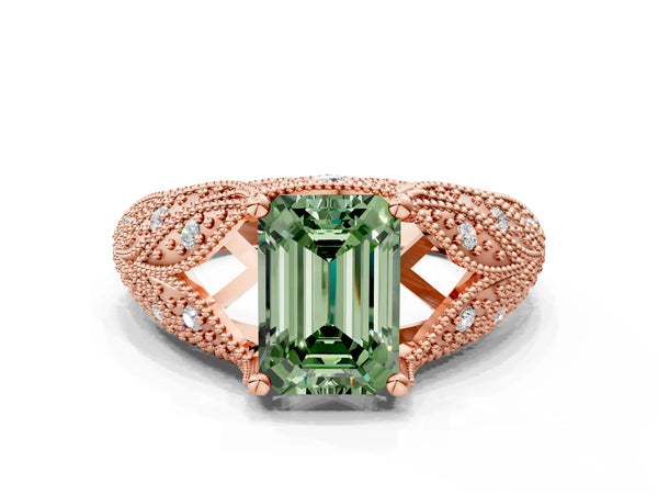 Rose gold Fancy Green Emerald Cut Cut Milgrain Pave Diamond Engagement Ring with Four-Prong Setting