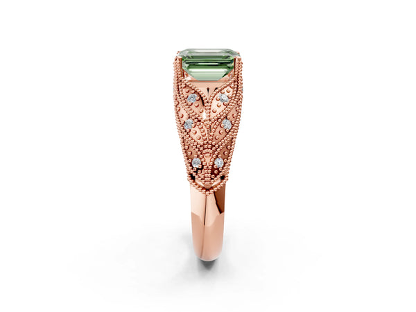 Rose gold Fancy Green Emerald Cut Cut Milgrain Pave Diamond Engagement Ring with Four-Prong Setting