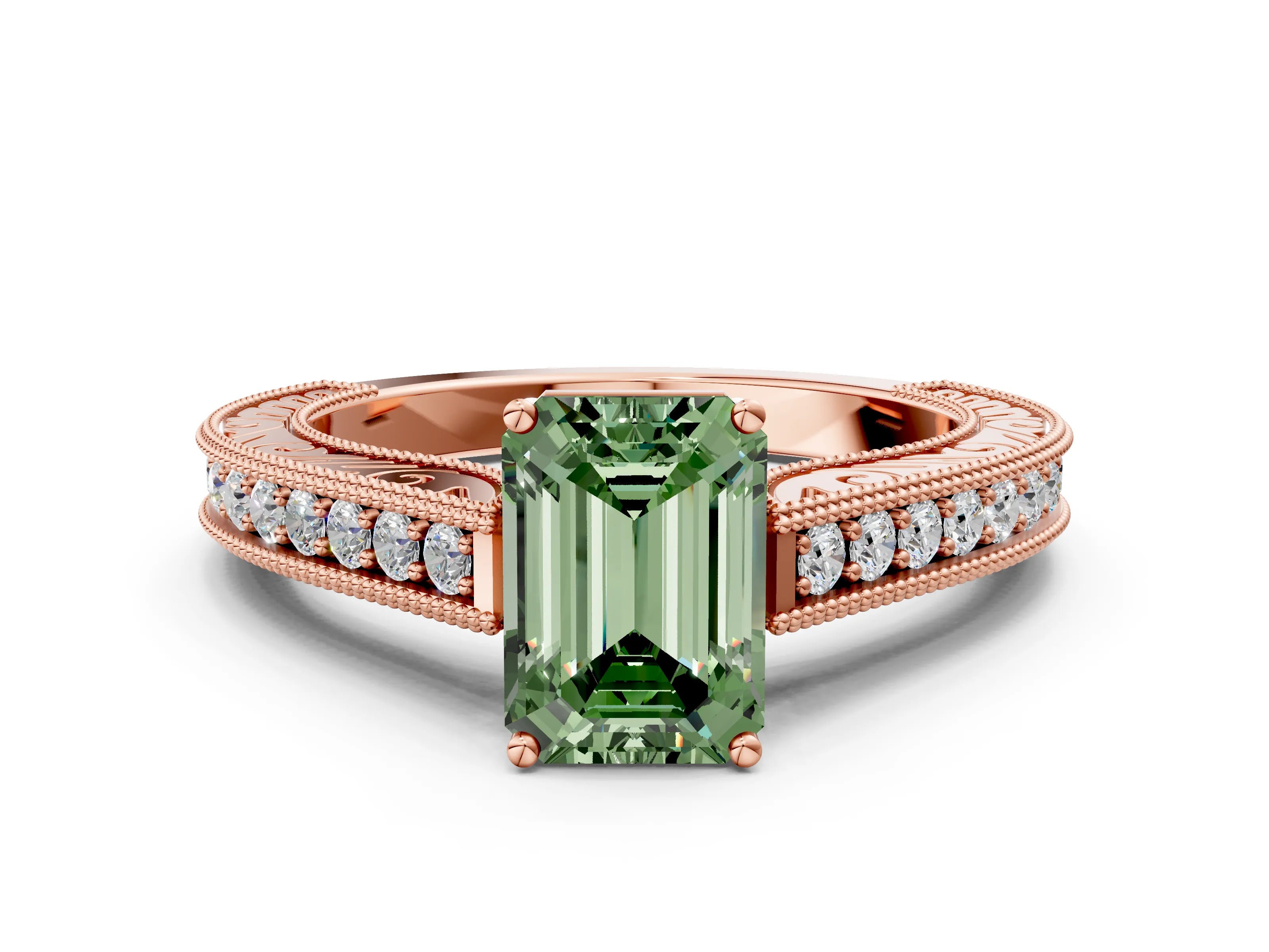 Rose gold Fancy Green Emerald Cut Cut Pave Band Milgrain Solitaire Ring