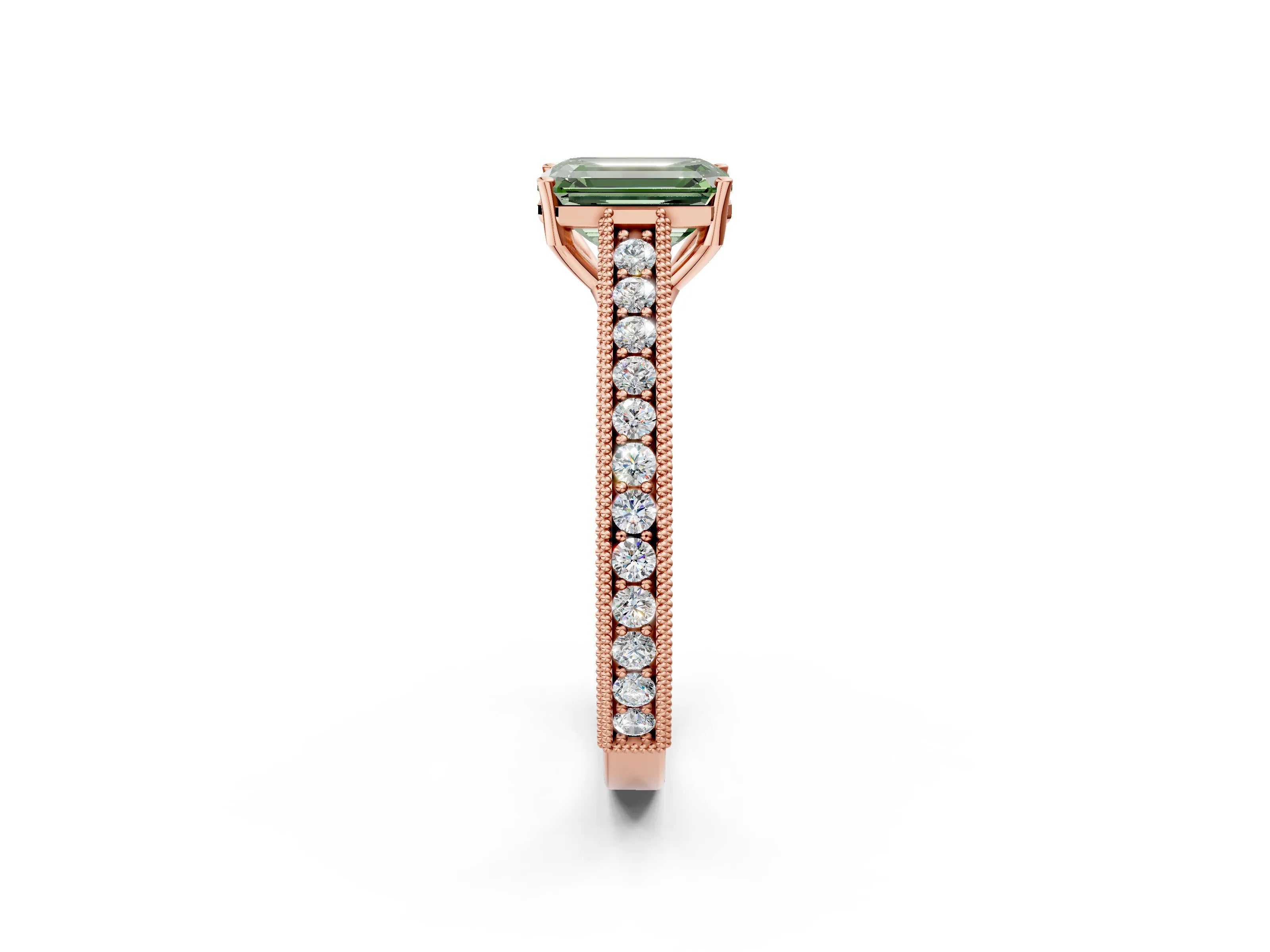 Rose gold Fancy Green Emerald Cut Cut Pave Band Milgrain Solitaire Ring_2