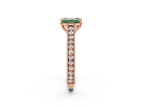 Rose gold Fancy Green Emerald Cut Cut Pave Band Milgrain Solitaire Ring_2