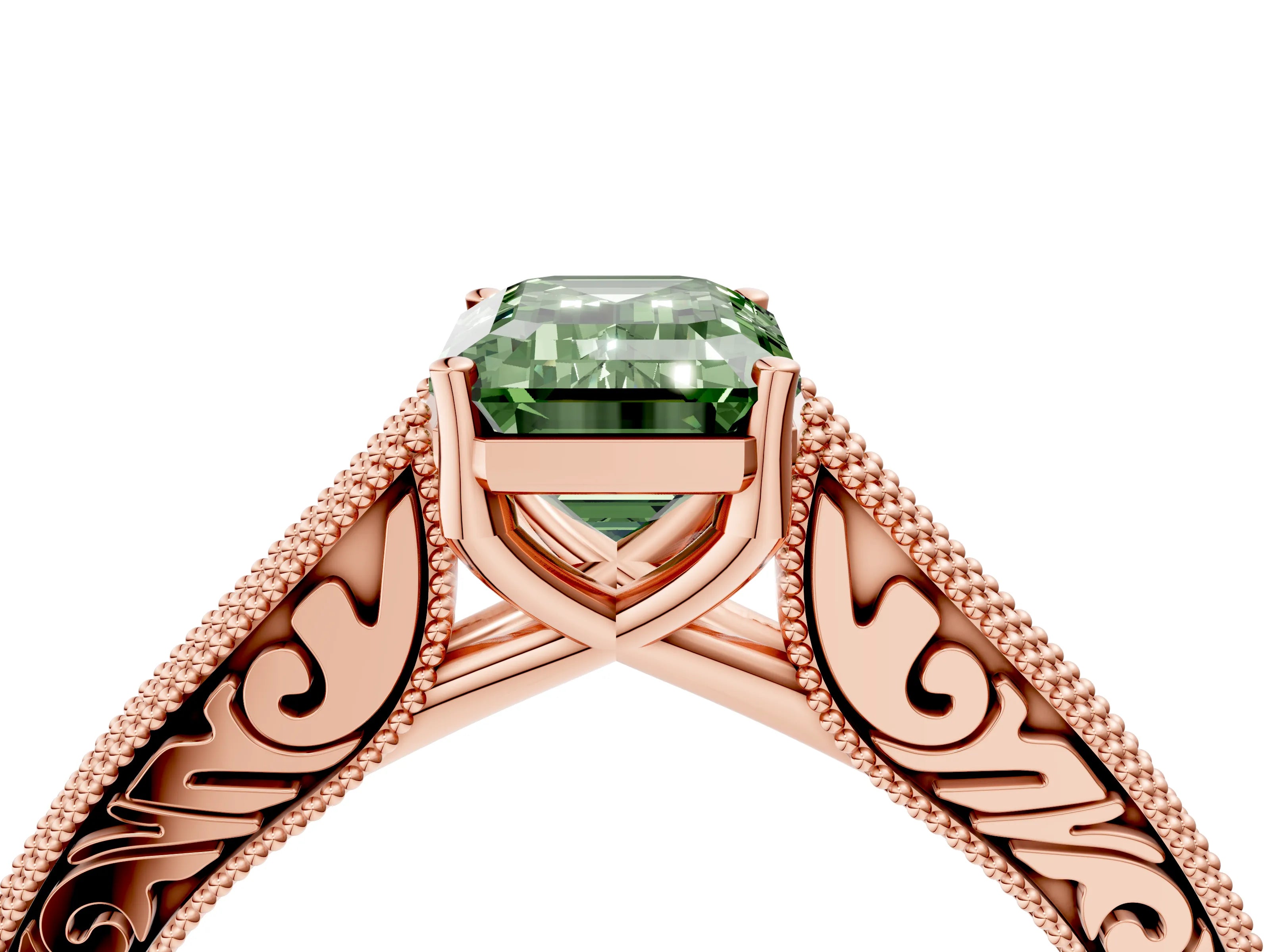 Rose gold Fancy Green Emerald Cut Cut Pave Band Milgrain Solitaire Ring_4