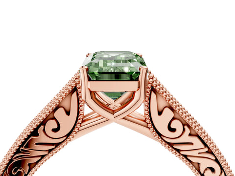 Rose gold Fancy Green Emerald Cut Cut Pave Band Milgrain Solitaire Ring_4