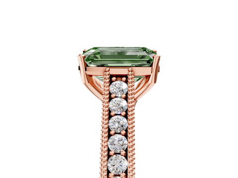 Rose gold Fancy Green Emerald Cut Cut Pave Band Milgrain Solitaire Ring_5