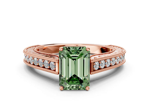 Rose gold Fancy Green Emerald Cut Cut Pave Band Milgrain Solitaire Ring