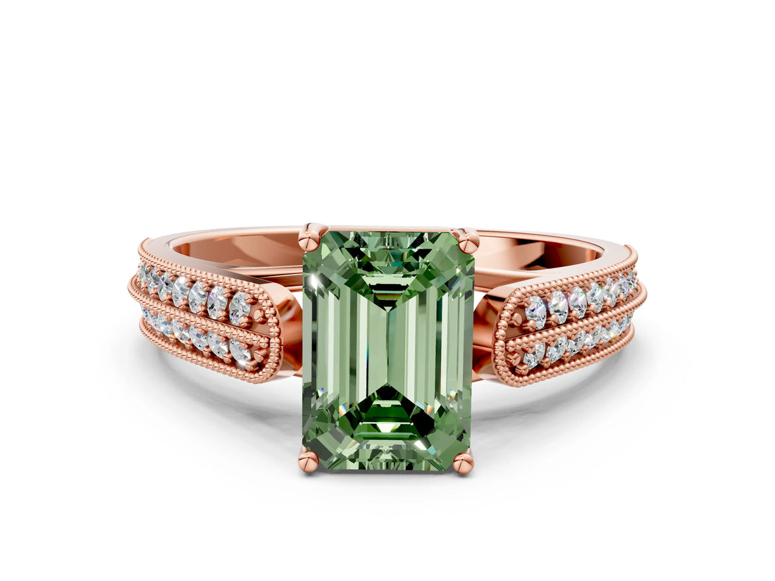 Rose gold Fancy Green Emerald Cut Cut Pave Split Shank Engagement Ring with Four-Prong Setting