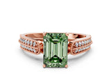 Rose gold Fancy Green Emerald Cut Cut Pave Split Shank Engagement Ring with Four-Prong Setting