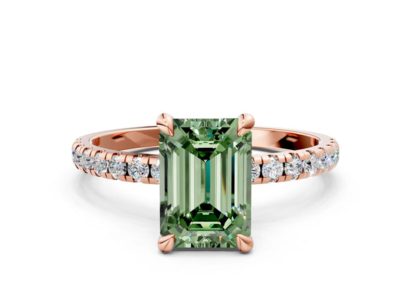 Rose gold Fancy Green Emerald Cut Diamond Brilliant Solitaire Ring with Pavé Band and Four-Prong Setting