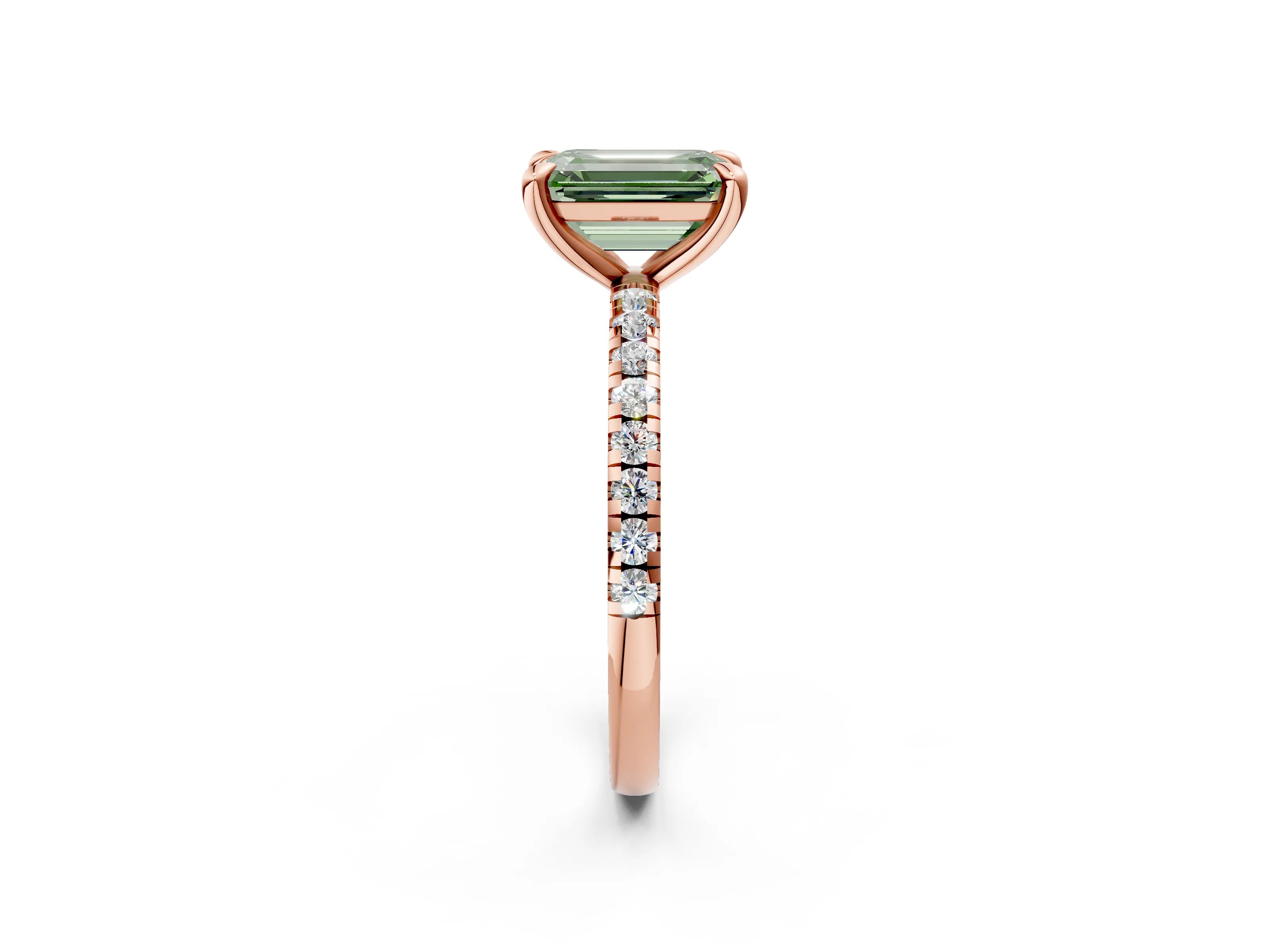 Rose gold Fancy Green Emerald Cut Diamond Brilliant Solitaire Ring with Pavé Band and Four-Prong Setting_2