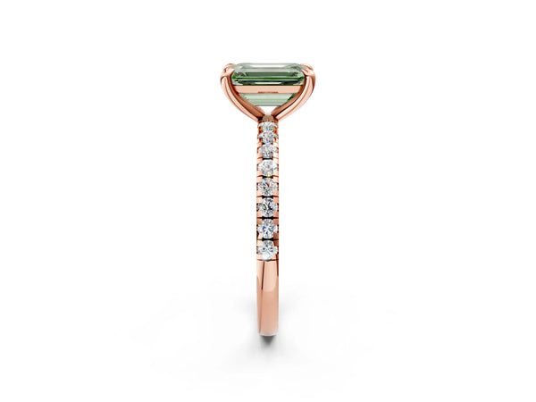 Rose gold Fancy Green Emerald Cut Diamond Brilliant Solitaire Ring with Pavé Band and Four-Prong Setting