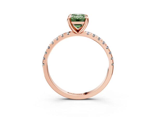Rose gold Fancy Green Emerald Cut Diamond Brilliant Solitaire Ring with Pavé Band and Four-Prong Setting