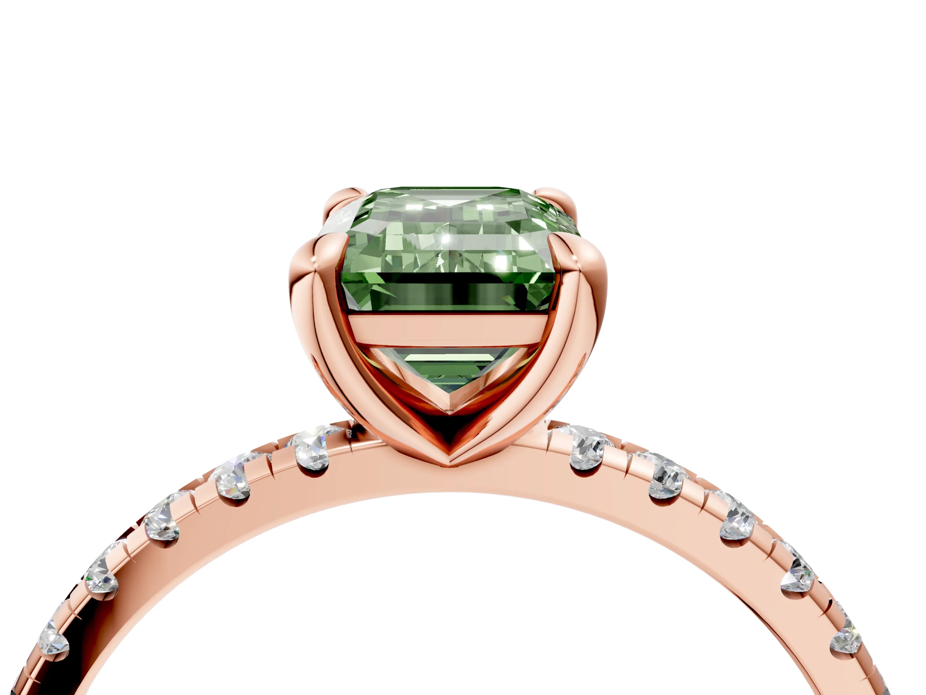 Rose gold Fancy Green Emerald Cut Diamond Brilliant Solitaire Ring with Pavé Band and Four-Prong Setting_4