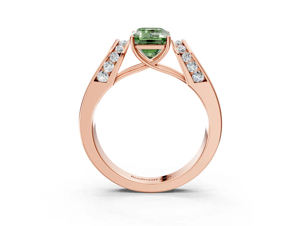 Rose Gold Emerald Cut Channel Set Engagement Ring Setting for Fancy Green Center with Wide Band