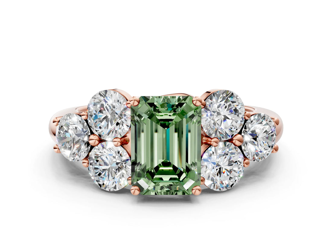 Rose gold Fancy Green Emerald  Cut Diamond Cluster Ring with Round Accent Stones and Prong Setting on a Classic Band_49