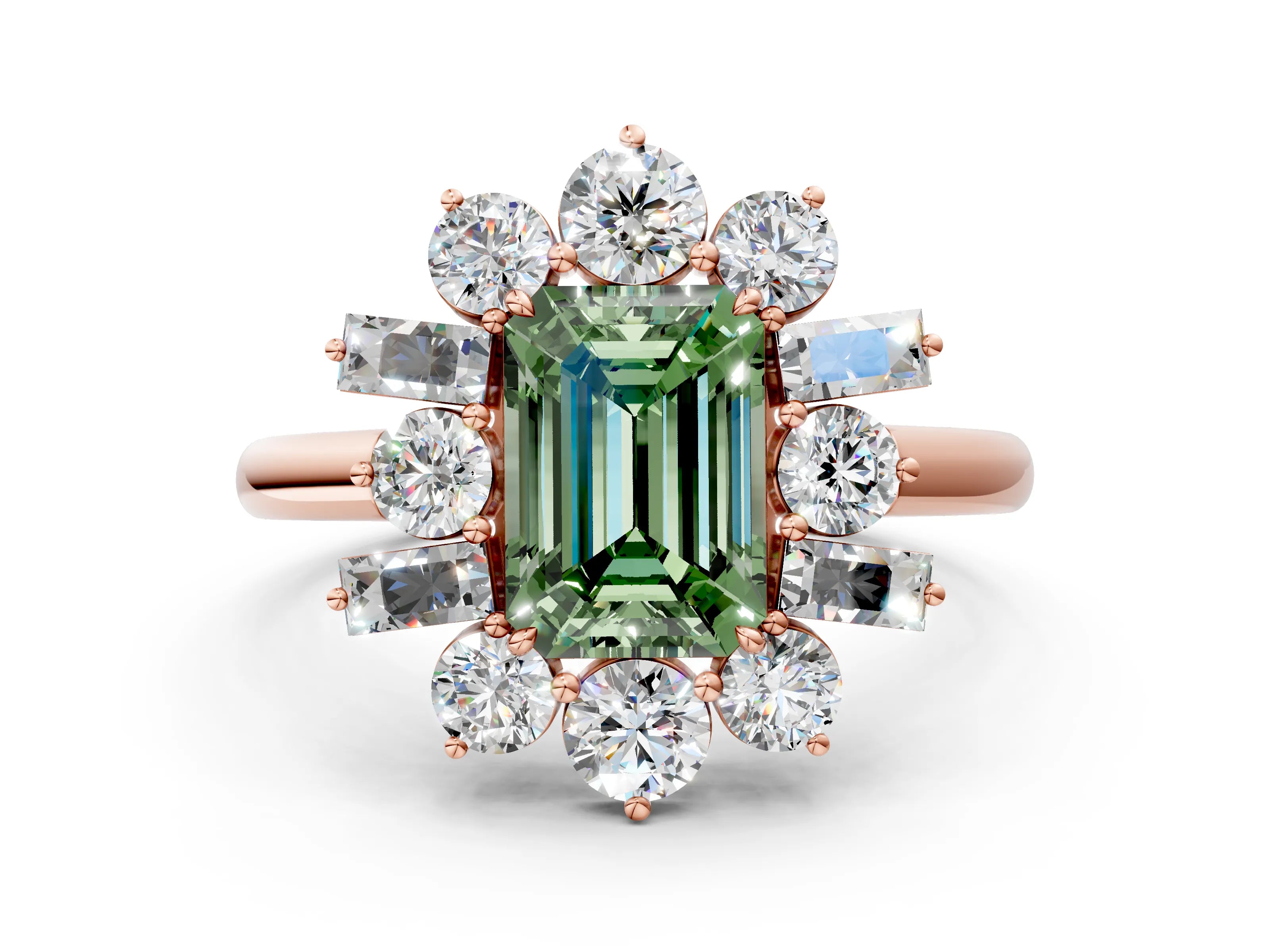 Rose gold Fancy Green Emerald Cut Diamond Cluster Ring with Round and Baguette Stones, Split Shank Band, Prong Setting