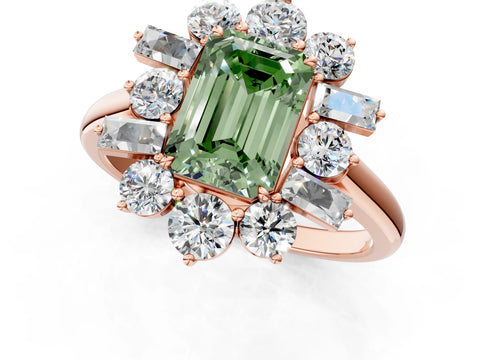 Rose gold Fancy Green Emerald Cut Diamond Cluster Ring with Round and Baguette Stones, Split Shank Band, Prong Setting_1