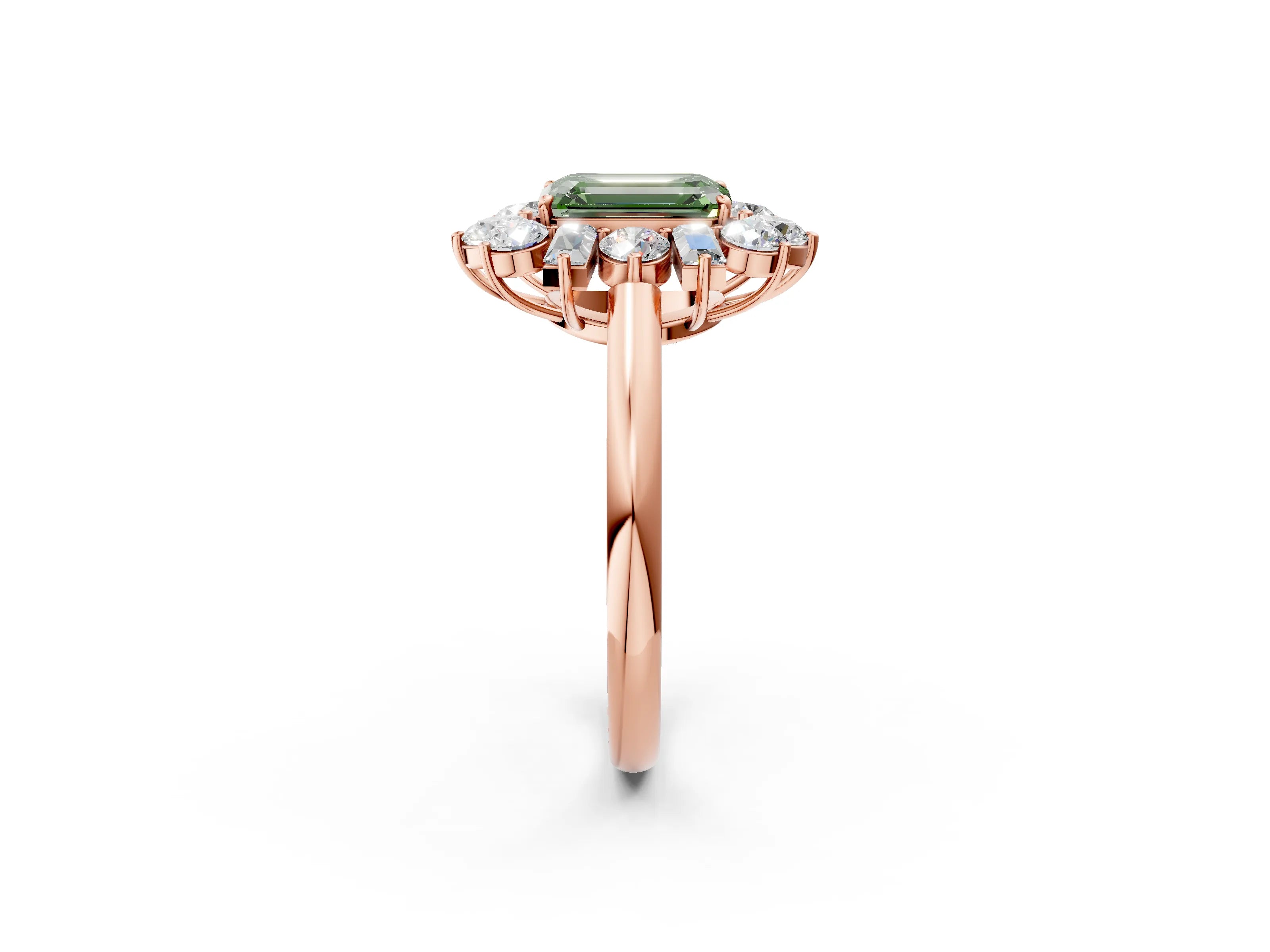 Rose gold Fancy Green Emerald Cut Diamond Cluster Ring with Round and Baguette Stones, Split Shank Band, Prong Setting_2