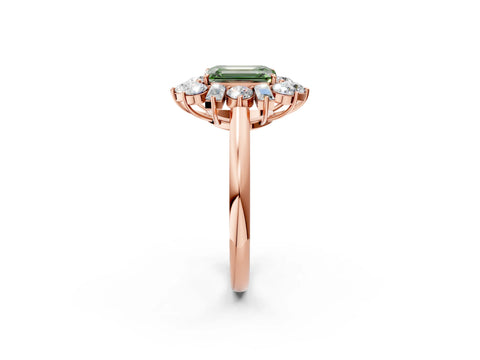 Rose gold Fancy Green Emerald Cut Diamond Cluster Ring with Round and Baguette Stones, Split Shank Band, Prong Setting_2