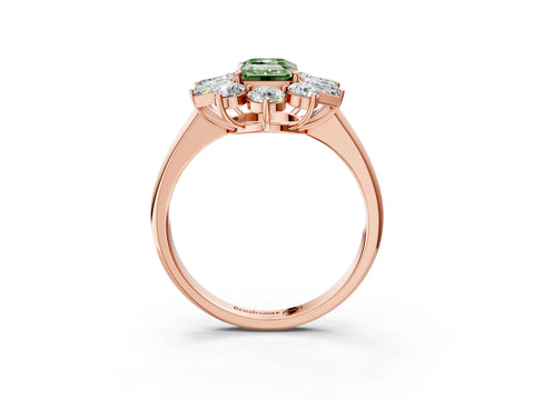 Rose gold Fancy Green Emerald Cut Diamond Cluster Ring with Round and Baguette Stones, Split Shank Band, Prong Setting_3
