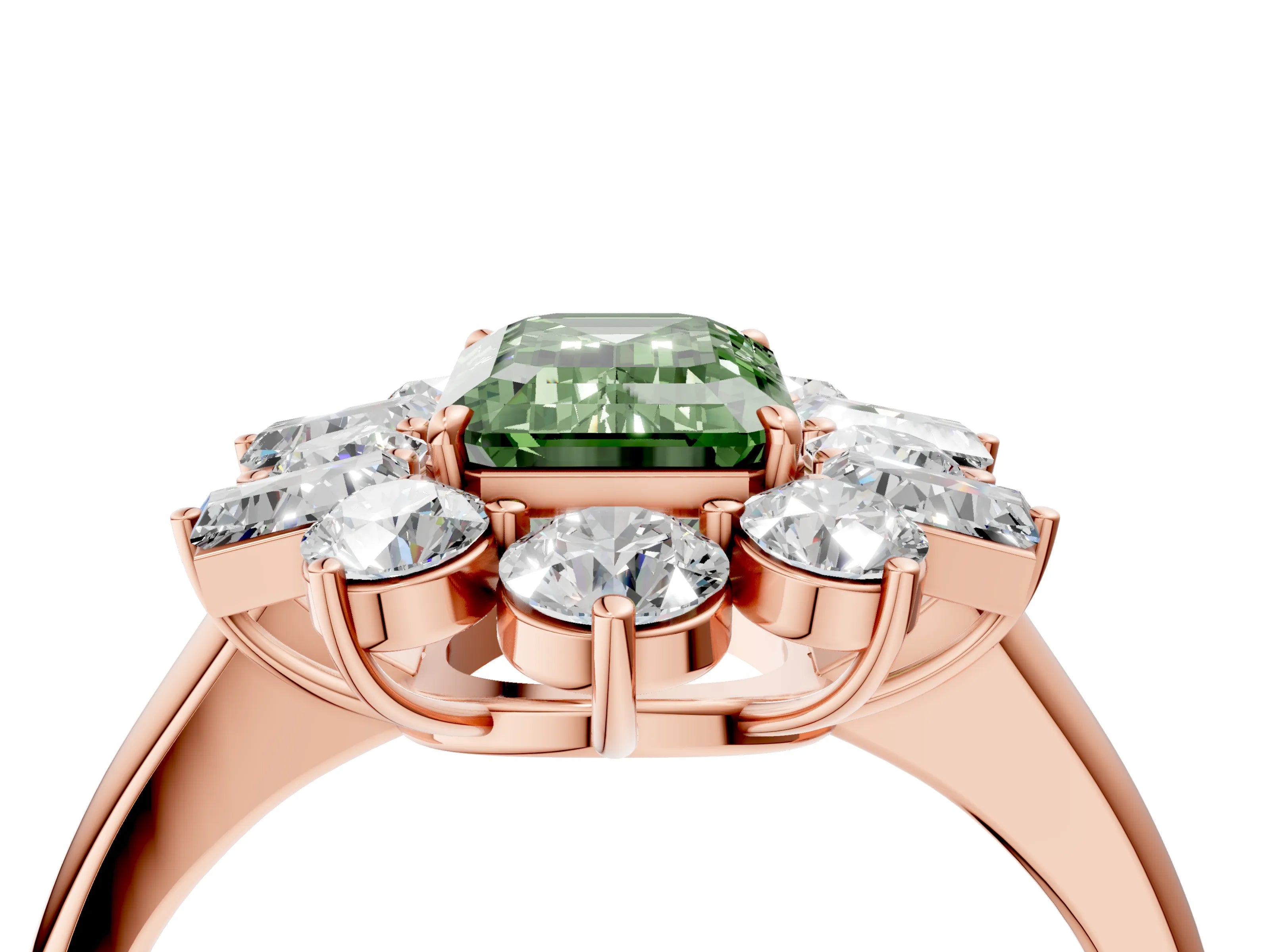 Rose gold Fancy Green Emerald Cut Diamond Cluster Ring with Round and Baguette Stones, Split Shank Band, Prong Setting_4
